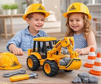 Brand Conquer Plastic Construction Realistic Engineer Vehicle Pushdozer Excavator Bulldozer Construction Toys Truck Machine for Kids Yellow (Excavator Bulldozer) 1