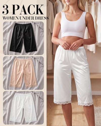 Image of Chicingyou 3 Pack Slip Shorts for Women Under Dress Pettipants Lace Trim Slips Culotte Anti Chafing Summer Split Skirt