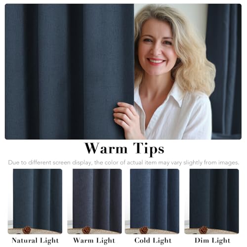 Image of H.VERSAILTEX Linen Blackout Curtains Durable Thick Textured Linen Look 100% Blackout Patio Door Curtain Anti Rust Grommet Extra Wide Sliding Door Curtain Panel, W100 x L84 inch - Navy