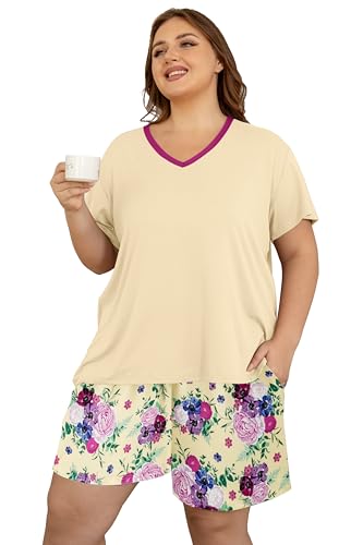 Image of Vozanet Women's Short Sleeve Top and Shorts Pajama Sets Plus Size V Neck Colorful Flower Nighty Loungewear With TWO Pockets