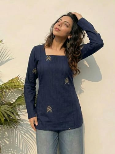 Image of ANNI Designer Women's Viscose Printed Short Kurti | Straight Fit Ethnic Top with Square Neck | Bell Sleeve Casual Indian Kurta for Office College, Party