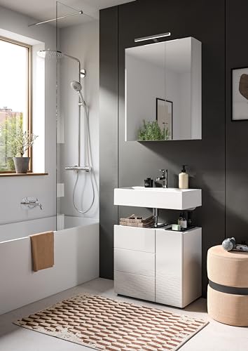 xonox.home Badezimmer Vira X2LA9B12 2tlg. Badezimmerkombination Set mittel in Front weiß Hochglanz Tiefzieh Korpus weiß Melamin inkl. Beleuchtung