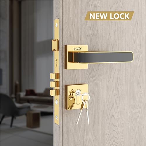 Image of GLOXY Premium Zinc Door Locks for Main Door, Mortise Door Lock Set with 3 Brass Keys, Bedroom Handle Lock for Home | Gold & Black Finish (2 Years Warranty, Pack of 1)
