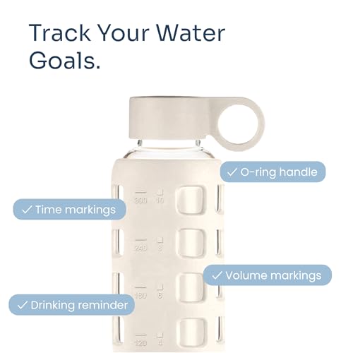 purifyou 40oz / 32oz / 22oz / 12oz Borosilicate Glass Water Bottle with Time & Volume Markers, Silicone Sleeve, Stainless Steel Lid | Reusable Glass Bottle for Water & Juice (12oz Pearled Ivory)