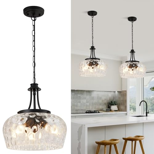 Image of Modern Pendant Lights Kitchen Island, 3-Light Black Pendant Light Fixtures with 14.2 inch Clear Hammered Glass Shade, Industrial Hanging Pendant Lights Fixture for Kitchen Island, Dining Room, Entryway