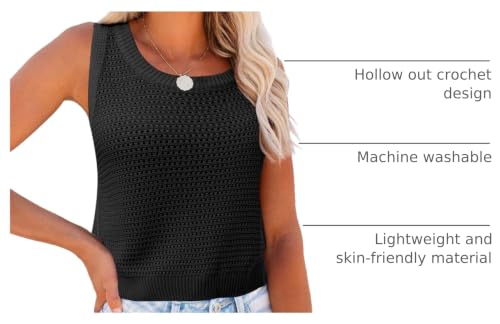 Image of FISACE Womens Crochet Tank Top Sleeveless Knit Summer Sweater | Round Neck, Hollow Out, Lightweight , Casual Crop,Cute Boho Vest
