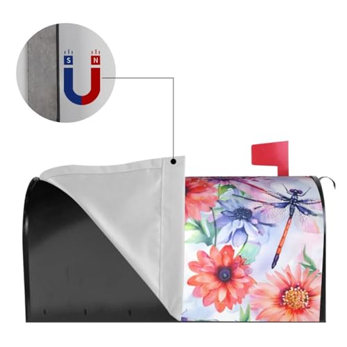 Image of Spring Summer Mailbox Cover Magnetic Watercolor Dragonflies and Flowers Waterproof Mailbox Wraps Post Letter Box Decor 21x18 in