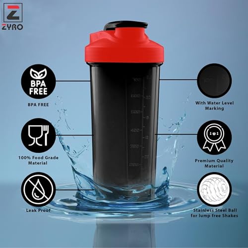 Image of Zyro Gym Shaker for Protein Shake Leakproof Shaker Bottles for Protein, Preworkout and Bcaa Shake, Protein Shaker Bottle for Gym Bottle for Men and Women BPA-Free Material Plastic, Multicolor 700 Ml