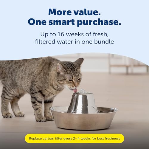 Image of Seaside Stainless Cat & Dog Fountain with 4-Pack of Carbon Filters | 60 Oz Capacity with Extra Carbon Filters, Triple-Filter Operation, 360-Degree Flow, Rust-Resistant Stainless Steel