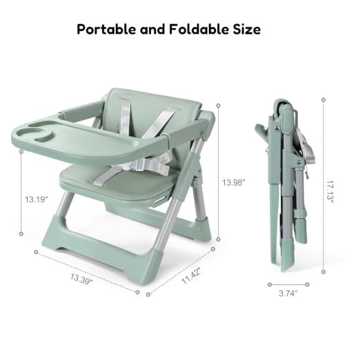 Image of Baby High Chair Booster Seat: Portable Booster Seat for Kitchen s Dining Chair Foldable Highchair - Travel Size Tool-Free Setup Adjustable Tray (Green)