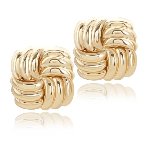 Chunky Gold Studs Earrings for Women- 14K Gold Plated Stainless Steel Heaven Mayhem Earrings Square Geometric Statement Dupes for Women