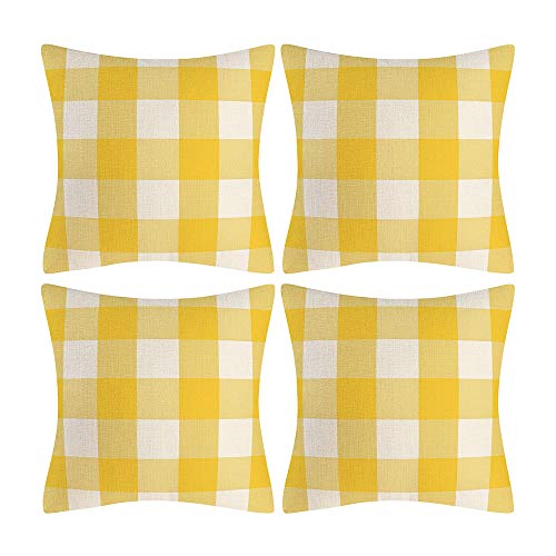 Ahahm Yellow And White Buffalo Check Plaid Throw Pillow Covers Farmhouse Decorative Throw Pillow Case Indoor Outdoor Cushion Cover Pillowcase For Sofa 18 X 18 Inch Set Of 4 #TOP6