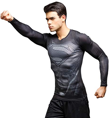 Camiseta masculina de compressão esportiva Cool Super Person Running manga comprida Red Plume, Preto