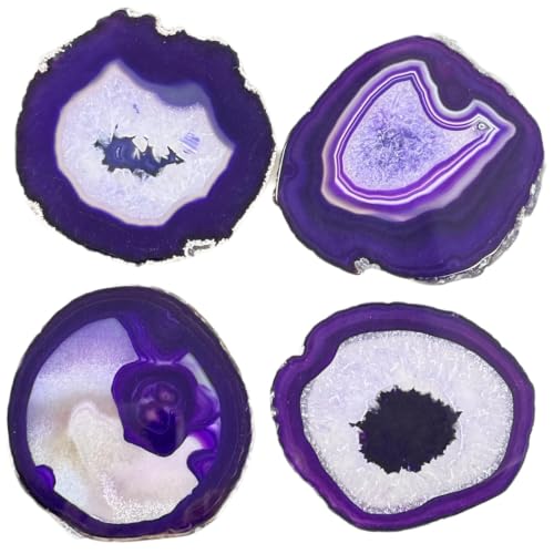 4pcs Agate Coaster for Drinks Purple Irregular Crystal Coasters Dyed with Rubber Bumpers for Coffee Wine or Bar Glasses 4-5"