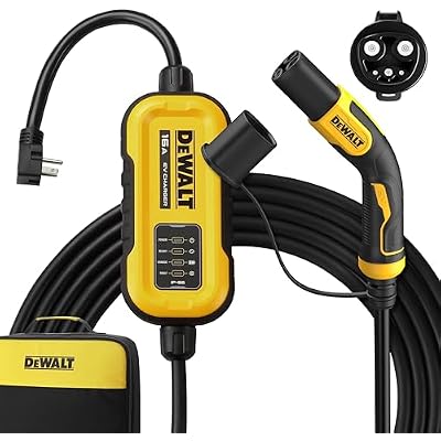 DEWALT Level 1 and 2 Portable EV Charger 12-16 Amps, CSA Certified Indoor/Outdoor, NACS Compatible for Tesla EVs, NEMA 6-20 with 5-15 Adapter and Travel Bag Included, 25 ft. Cable