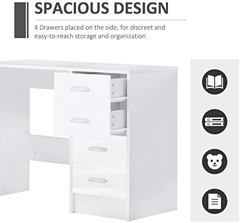 HOMCOM Computer Desk with Drawers, High Gloss Home Office Writing Workstation, White