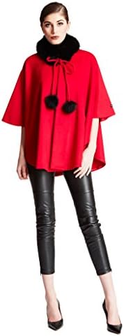 Cashmere Pashmina Group:Cashmere Cape w/genuine Fox Fur Collar & Fox pompom ties (Red)