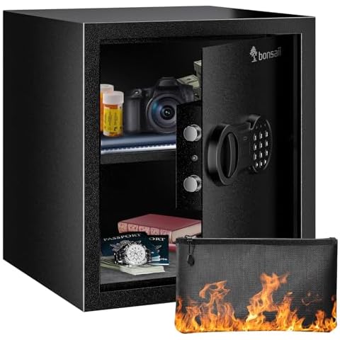 Bonsaii Safe Box with Fireproof Bag, Security Safe Box for Home, 1.28 Cubic Feet Document Safes with Keypad Lock, Removable Shelf, Secure Money, Medicine, Valuables, 12.99 x 14.17 x 12.99 Inches Cover