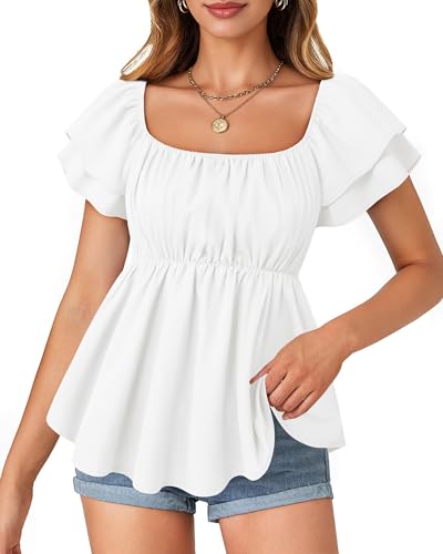 MCKOL Womens Summer Tops Boho Square Neck Short Sleeve Casual Shirts Baby doll Blouses Floral Fashion Beach Vacation Clothes