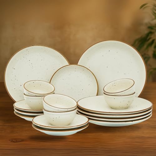 Image of KITDECO Ceramic Dinner Set 18 Pieces | Stoneware Dinnerware with 6 Dinner Plates, 6 Quarter Plates & 6 Bowls | Rustic Speckled Design, Ivory with Brown Rim