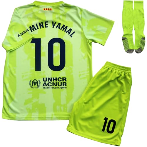 CEKFAX 2024/2025 Third #10 Lamine Yamal Football Soccer Kids Jersey Shorts Socks Set Youth Sizes (Green _26)