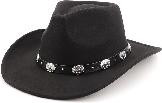 Image of DRESHOW Women Men Classic Felt Wide Brim Western Cowboy & Cowgirl Cap Belt Buckle Retro Panama Hat Unisex Rolled up Caps