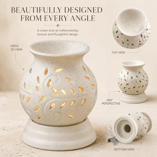 Image of BRAHMZ Ceramic Electric Aroma Oil Diffuser with Bulb - Ancient Matki Style Essential Oil Burner for Home, Bedroom, Pooja Room & Office | 12cm, White