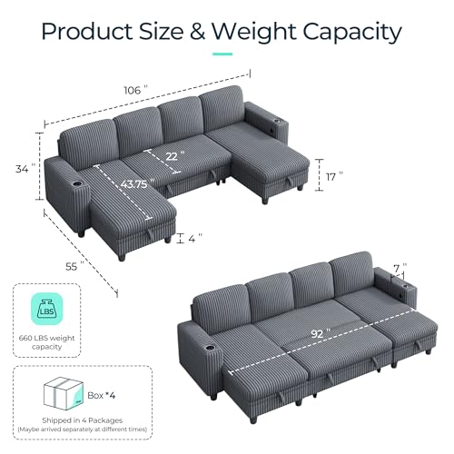 Image of LINSY HOME Sectional Sofa with Pull Out Bed, 4 Seats Corduroy Reversible Sleeper Sofa with Storage Seats, USB Ports, Cup Holders, Side Pocket, U Shape Sectional Couches for Living Room, Gray