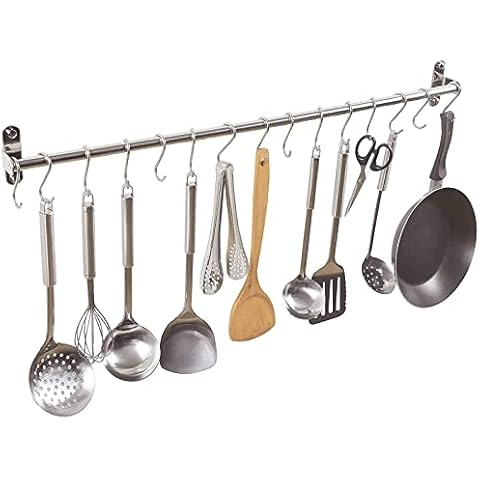 ENCOFT Hakenleiste Küche, Hakenleiste mit 15 Beweglichen S Haken, Stange für küchenutensilien, Küchenreling Rostfrei SUS304 Edelstahl Küchen Hängeleiste Küchenstange 100cm für Pfannen Töpfe Tassen Cover
