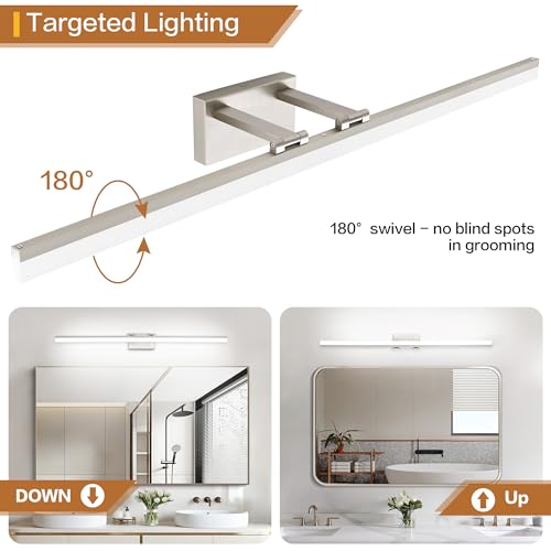Image of SOLFART Bathroom Light Fixtures: 48 Inch Vanity Light for Large Mirrors- Brushed Nickel 6000K LED Adjustable 180 Degree Bar, IP44 Damp Protection, ETL