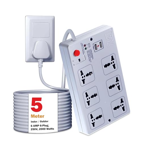 Image of MX 6-Outlet Power Strip with 2 USB Ports, Universal Socket, 5m Extension Cord, International Sockets, Master Switch, Multi-Plug Extension Board for Home & Office(5V 2400mA)