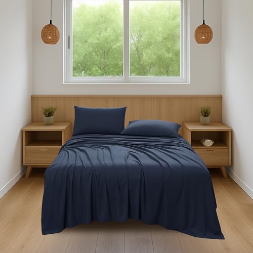 Image of Coleman Queen Sheet Set - Durable Home Bedding with Outdoor Heart, Stylish & Reliable for Bedroom or Cabin - Premium Solid Color, Built for Comfort, Style & Occasional Outdoor Use, Navy Blue