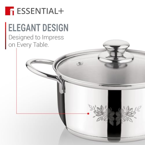 Image of Essential Plus by Bergner 4 Pcs Stainless Steel Cooking Pots Set - 16cm /1.6L Casserole with Glass Lid and 18cm /2.3L Casserole with Glass Lid, Less Oil Use, Healthy Cooking - Induction Bottom