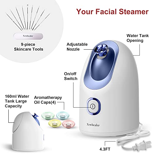 Newbealer Facial Steamer, Mini Aroma Face Steamer, Nano Ionic Hot Mist Face Humidifier For Facial Deep Cleaning, Home Sauna Spa Sprayer With 9 Pieces Acne Remover Kit (Blue, 160 Ml) #TOP1