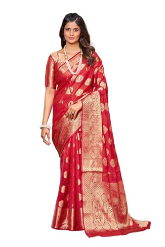 Image of SWORNOF Women's kanjivaram banarasi silk saree Zari Woven for festival Wedding silk with rich pallu Design sarees for women with Unstitched blouse piece (RED)