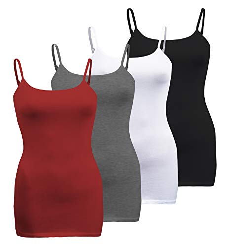 ShezPretty Womens Basic Solid Cami with Adjustable Spaghetti Straps Tank Top 4Pack S~3XL (2XLarge, Dark Burgundy/Charcoal/White/Black)