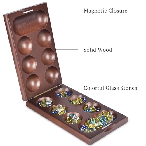 Juego de mesa Mancala de madera con piedras de vidrio miniatura 4