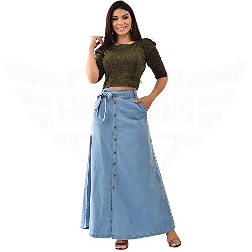 Saia Longa Jeans com botões Frontal e cinto - EWF Jeans – Azul Claro (44)
