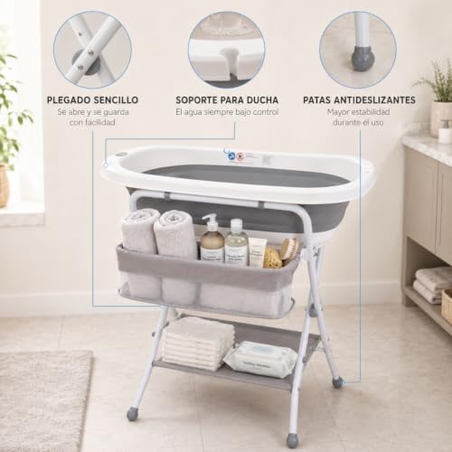 Miniatura 11 de Bathby Bañera Plegable De Bebé Y Con Soporte De Patas Antideslizantes Portátil Tubo De Desagüe Cesta Para Juguetes Y Organizador Lateral Para Champú Ligera, Compacta Y Segura Para Baño Gris