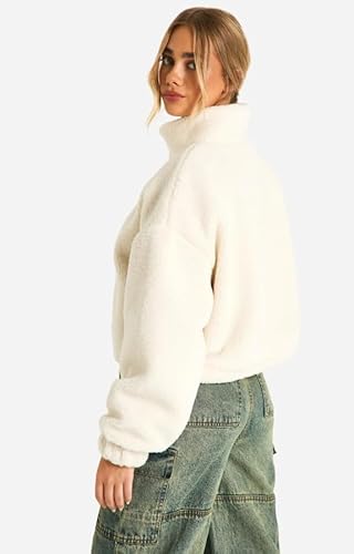 Women's Teddy Jacket, Cream White Faux Fur, Cropped Length, High Neck, Winter Casual Outerwear (M)