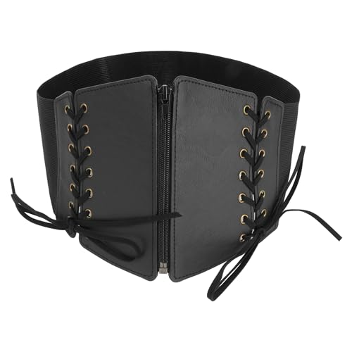 Women Lace-up Wide PU Leather Waist Belt Elastic Band Stretch Corset Belt