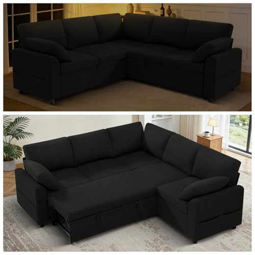 Image of 87 inch Fabric Sectional Couch w /Pull Out Bed & Storage Space, Black