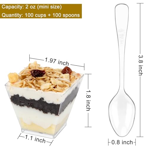 Image of Colovis Mini Dessert Cups, 100 CT 2oz Clear Plastic Parfait Appetizer Cups with Spoons Mini Square Dessert Bowls for Serving, Tasting (100)