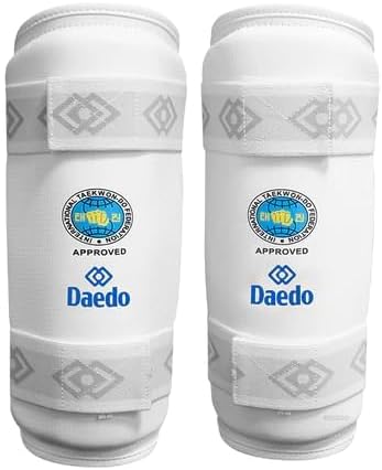 Daedo ITF Approved White Shin Guards – Martial Arts Leg Protectors – Lightweight Guards with Straps for Training