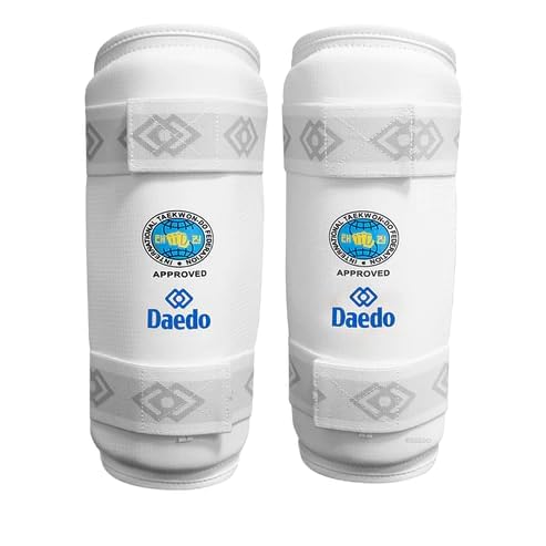 Daedo ITF Approved White Shin Guards – Martial Arts Leg Protectors – Lightweight Guards with Straps for Training