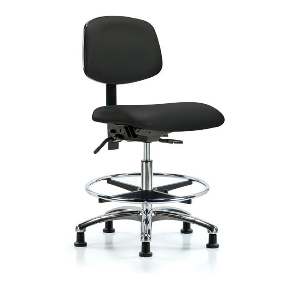 E COM VMBCH-CR-CF-Black Vinyl Medium Bench Height Chair with Chrome Base, With Chrome Foot Ring and No Tilt Seat and No Adjustable Arms, 21" to 28" Adjustable Height, Black