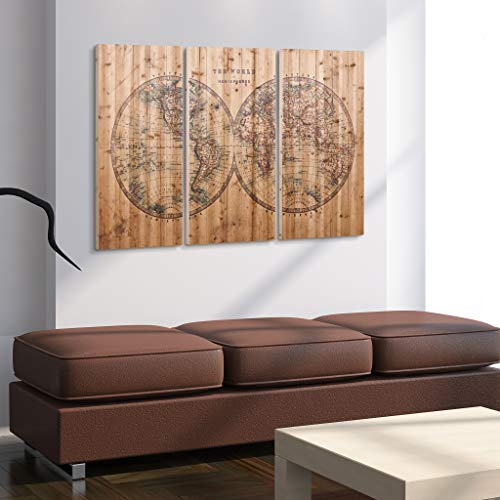 Empire Art Direct Vintage World Map Digital Print On Solid Wood Wall Art Triptych, 60" X 40" X 1.5", Ready To Hang #TOP5
