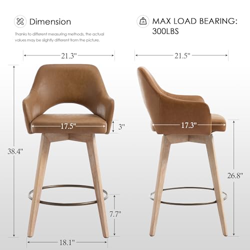 Image of Zesthouse Swivel Bar Stools Set of 4, Wooden Counter Height Barstools with Arms & Open Back, Upholstered Brown PU Leather Counter Stools with Distressed Solid Wood Legs, High Chair for Kitchen Island