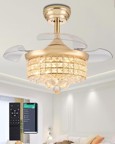 30 Inch Dimmable Chandelier Ceiling Fan, Crystal Fandelier Ceiling Fan with Light and Remote for Bedroom Living Room, Gold