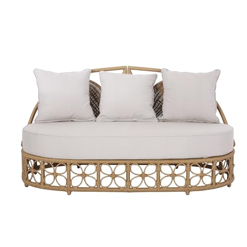 Image of Merax Outdoor Wicker Daybed with Water Resistant Cushion and 3 Throw Pillows, Boho Patio 60 inch Rattan Sun Day Bed for Lawn Garden Backyard Pool, All-Weather, Light Brown
